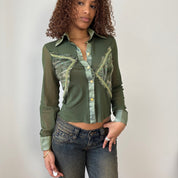 Vintage Italian Olive Sheer Mesh Button up Top (S)