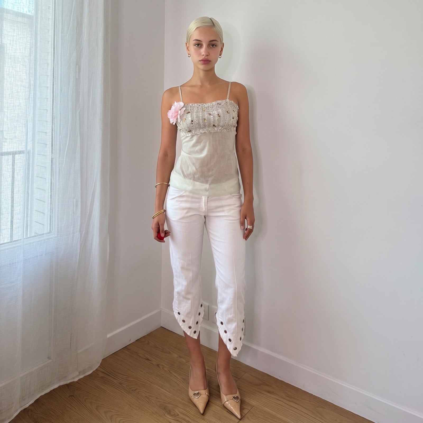 Vintage Mint Green Beaded Mesh Cami Top (S)