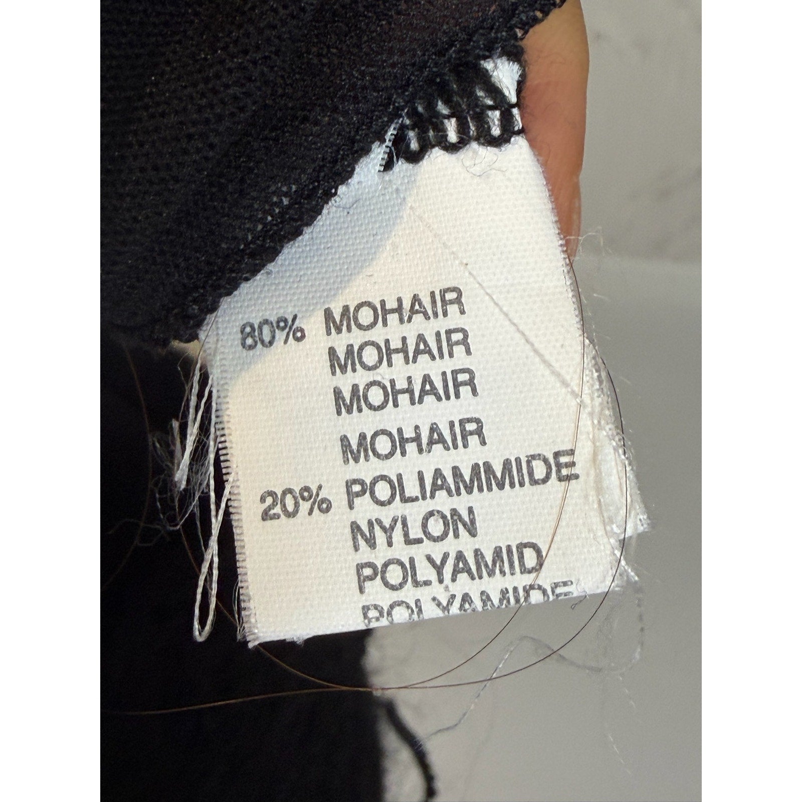 Italian vintage black mohair knit & sheer mesh zip-up top with oversized collar & rhinestone details