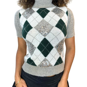 Italian Vintage argyle short sleeve knit turtleneck with sequin (XS/S)