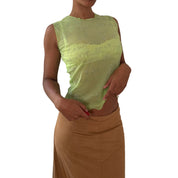 Italian vintage 00s lime green sheer mesh top with silver glitter script