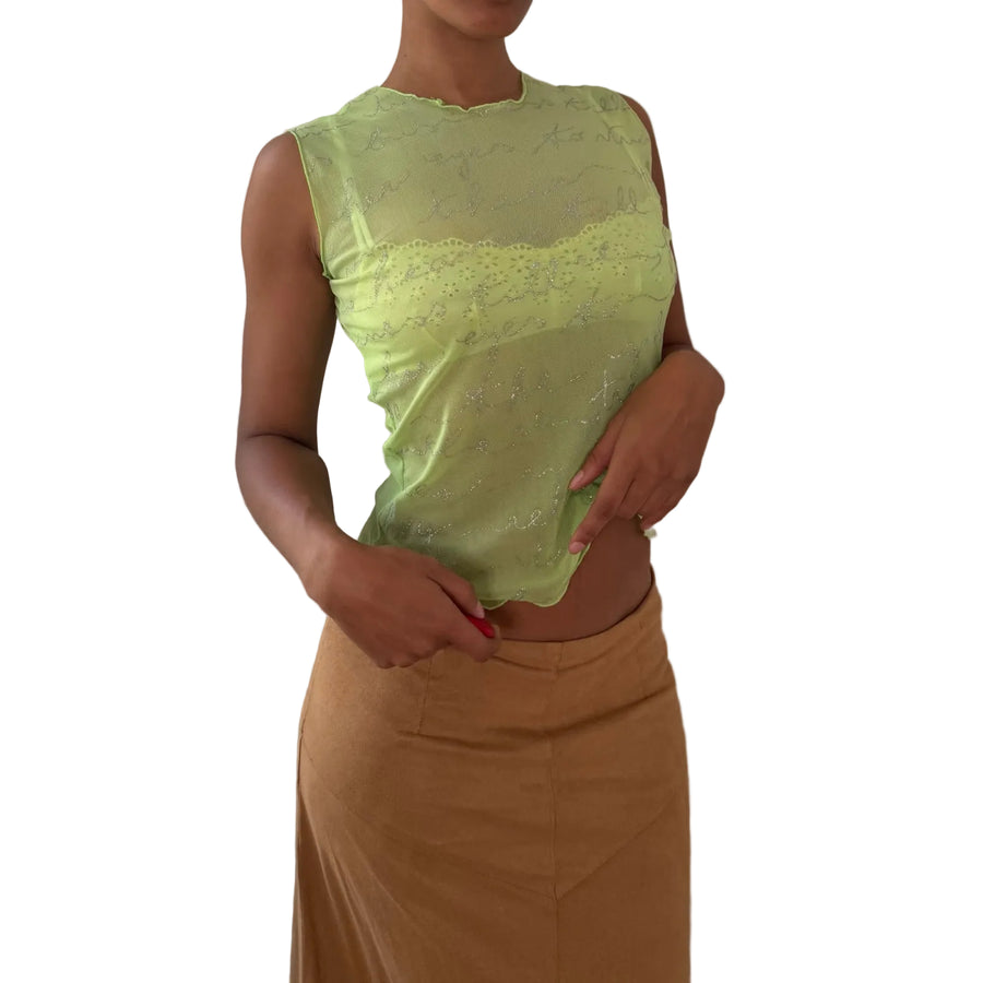 Italian vintage 00s lime green sheer mesh top with silver glitter script