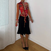 Italian vintage black low-rise midi skirt with ruffle hem