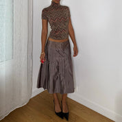 Italian Vintage Brown Copper Metallic Chevron Zigzag Knit Short Sleeve Turtleneck Top