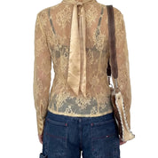 Vintage Beige Floral Lace Mesh Blouse (S)