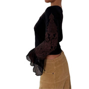Misia Paris French vintage Y2K black illustrated portrait mesh top with brown lace print & sheer bell sleeves