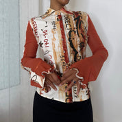 Sonia Fortuna Italian vintage rust orange graphic print mesh top with sequins