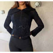 Italian vintage black mohair knit & sheer mesh zip-up top with oversized collar & rhinestone details