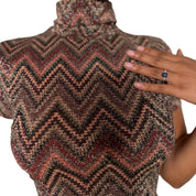 Italian Vintage Brown Copper Metallic Chevron Zigzag Knit Short Sleeve Turtleneck Top