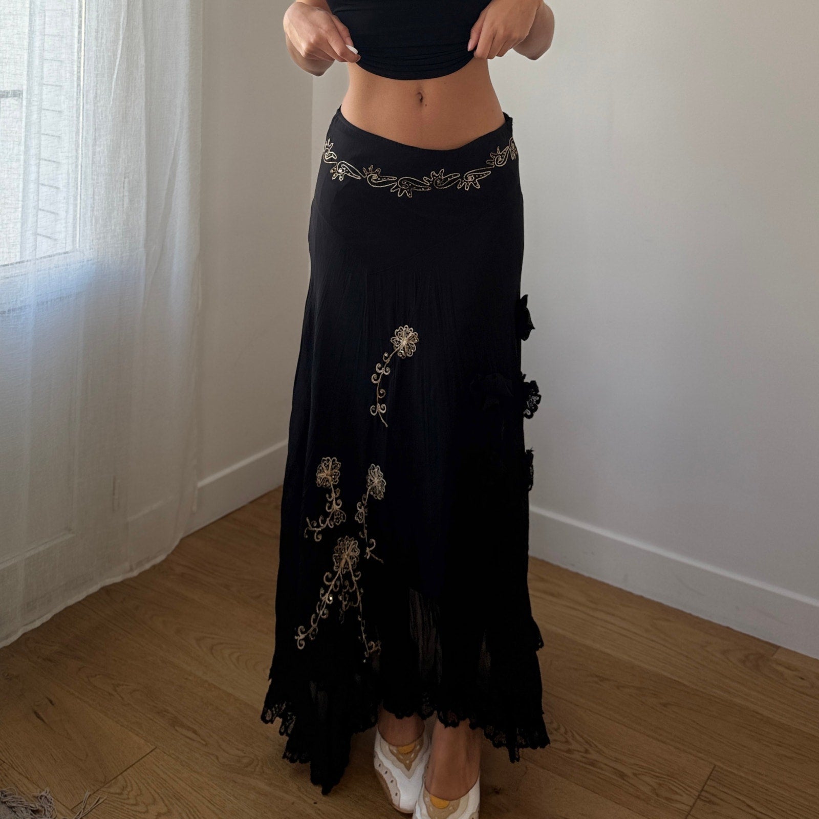 Vintage French Black Mesh Maxi Skirt (S)