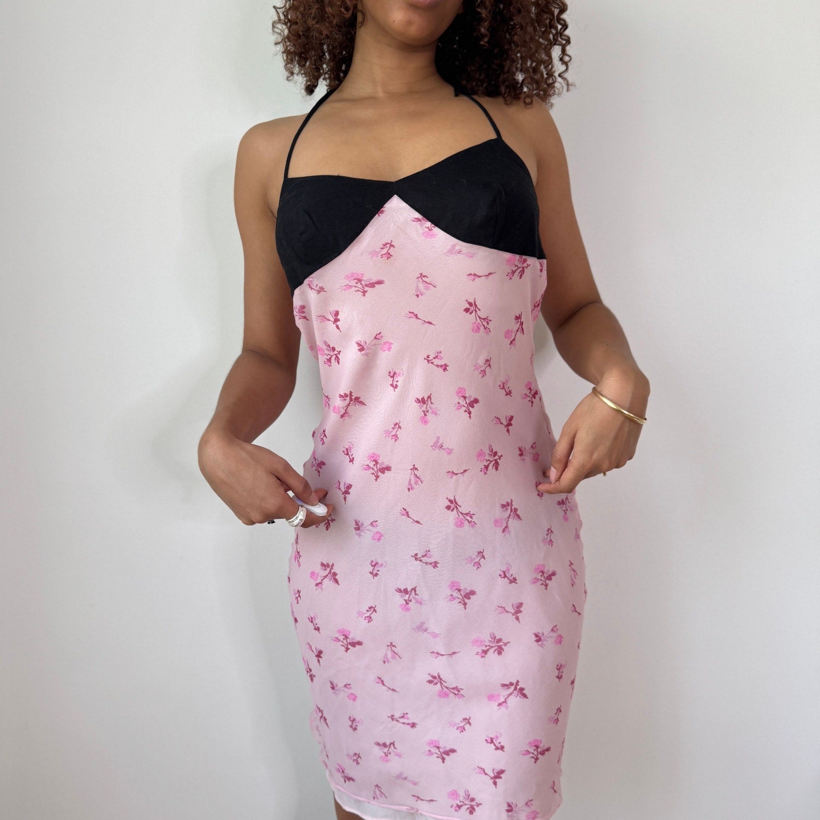 Vintage Pink Silk Floral Slip Dress Halter Tie (S) Vintage Pink Silk Floral Slip Dress Halter Tie (S)