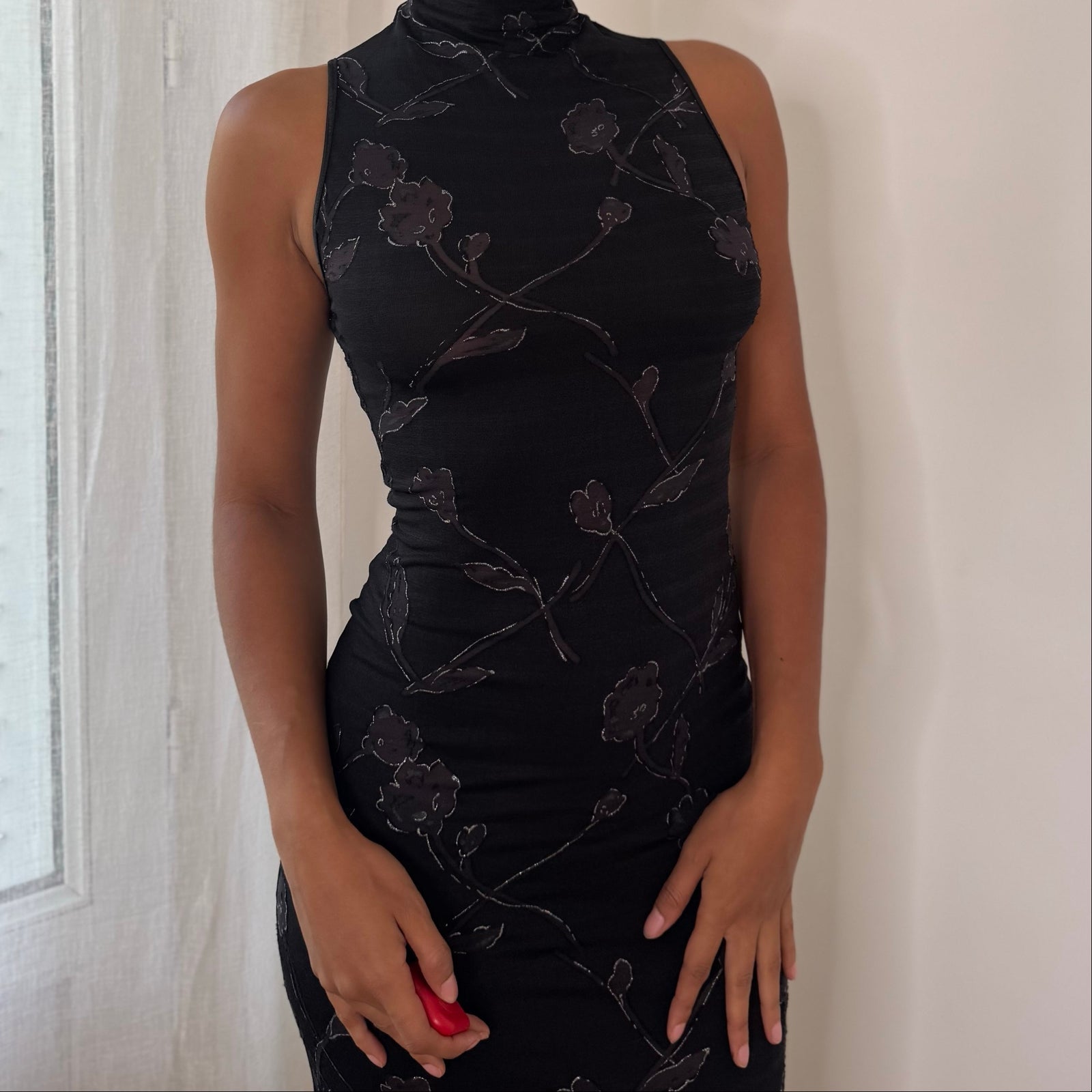 Italian vintage black floral print slinky maxi dress with high neck, open back & back slit