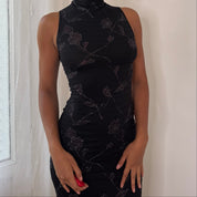 Italian vintage black floral print slinky maxi dress with high neck, open back & back slit