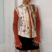 Sonia Fortuna Italian vintage rust orange graphic print mesh top with sequins