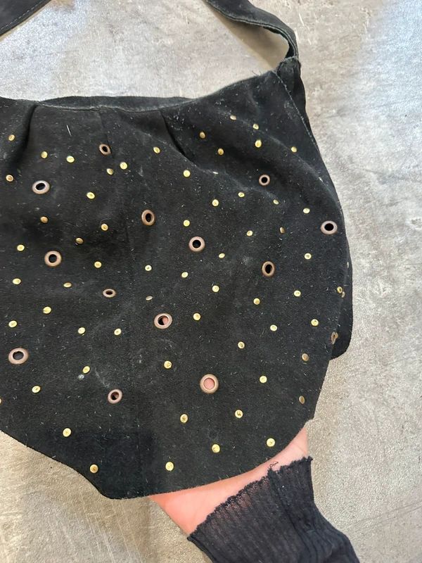 Vintage Eyelet Boho Chic Black Suede Shoulder Bag