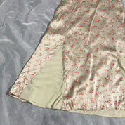 00s euro tan floral print silk satin midi dress with tulle fabric (S)