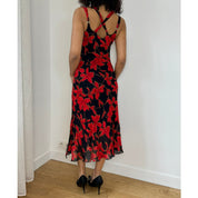 Vintage Red Floral Mesh Midi Dress (M)