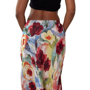 European vintage floral print mesh midi skirt with ruffled hem