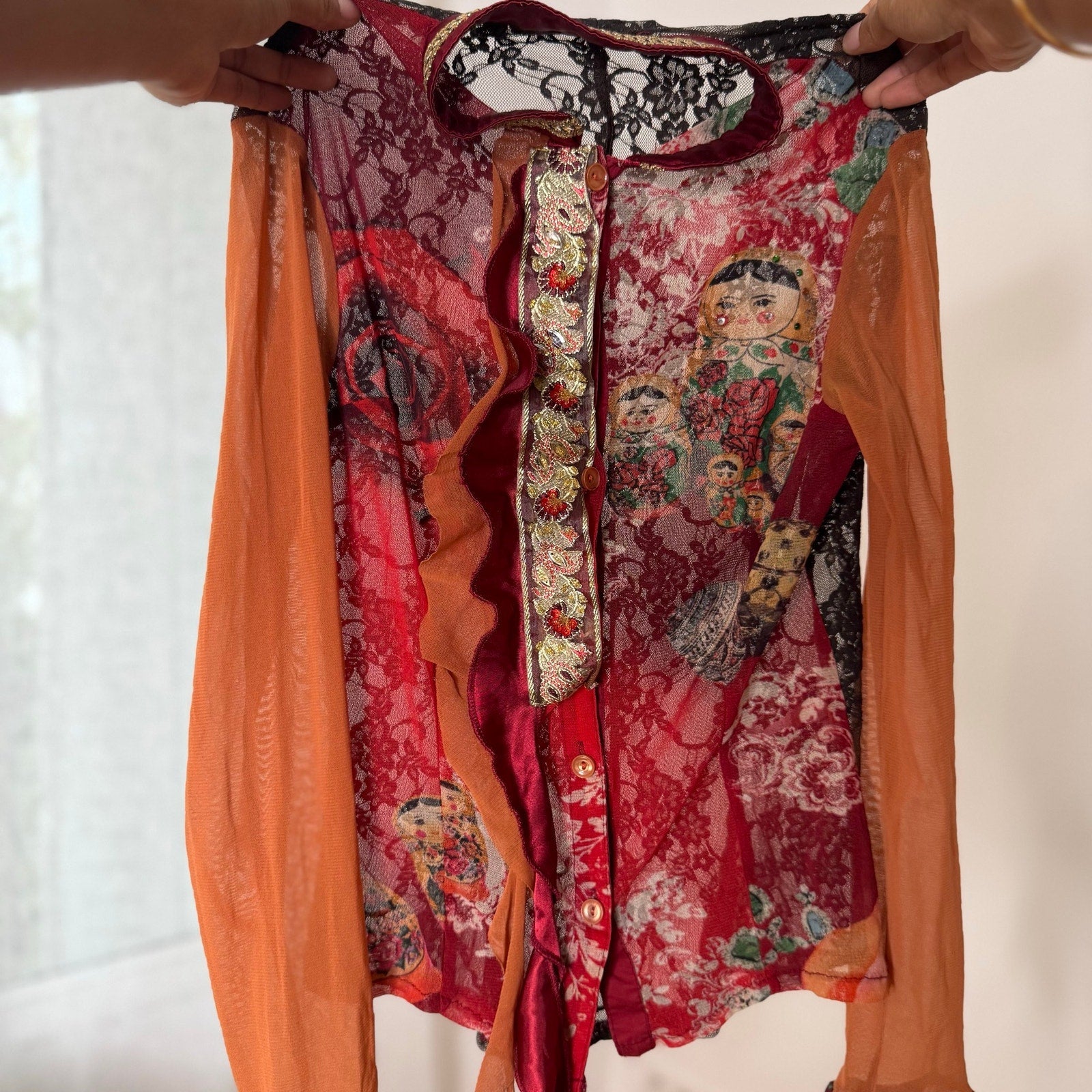 Rare Italian vintage red orange graphic print semi-sheer mesh top with sequin