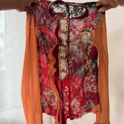 Rare Italian vintage red orange graphic print semi-sheer mesh top with sequin