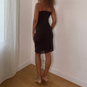 Italian vintage 2000s chocolate brown mesh slip dress with embroidered flowers
