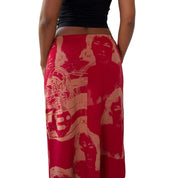 Italian Vintage Red Beige Portrait Face Print Midi Skirt (S)
