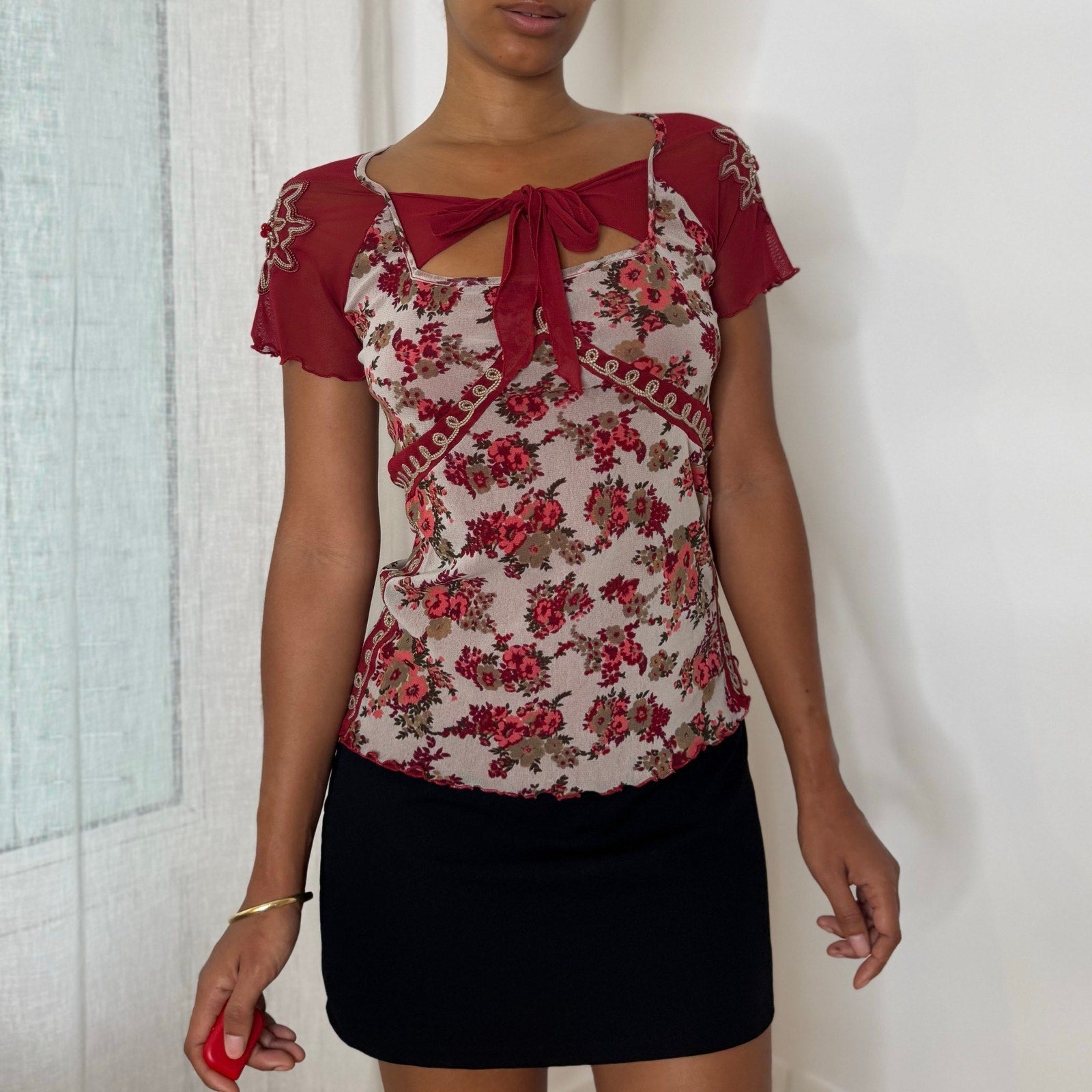 Italian vintage burgundy floral mesh top with beaded sleeves