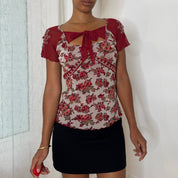 Italian vintage burgundy floral mesh top with beaded sleeves