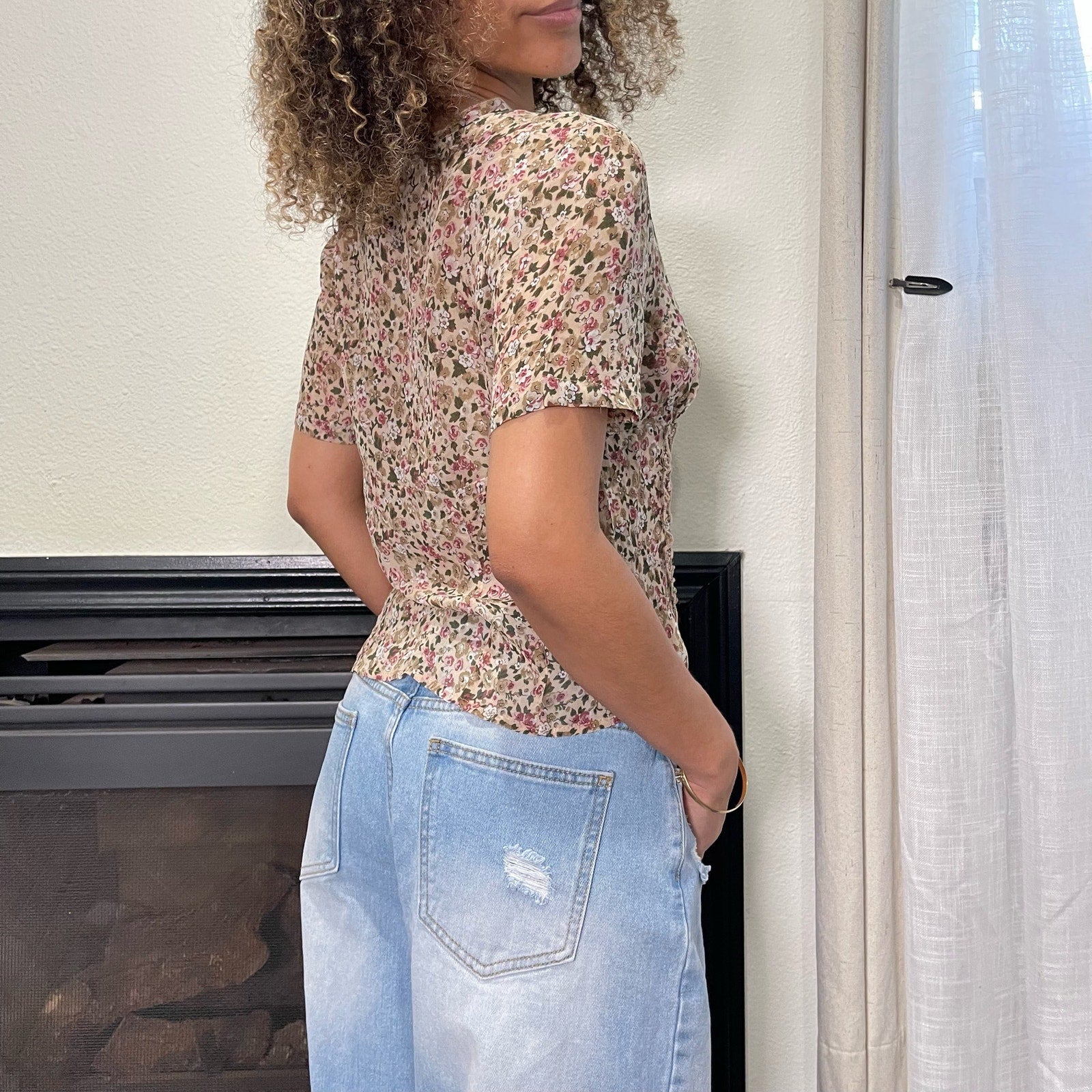 00s tan & pink Floral Print Fitted Blouse (S/M)