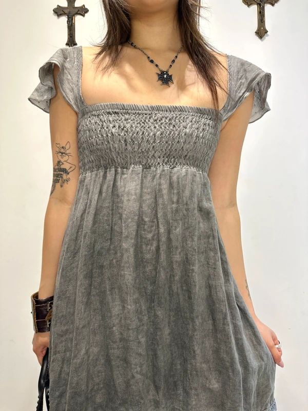 Vintage Italian Grunge Linen Milkmaid Midi Dress (S)