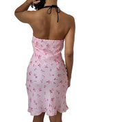 Vintage Pink Silk Floral Slip Dress Halter Tie (S)