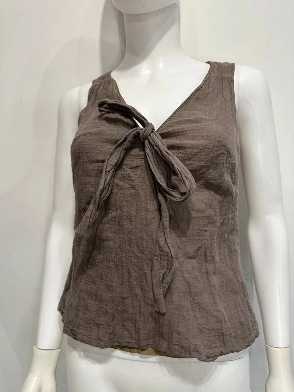 Vintage French Parisian Taupe Linen Bow Top (XS)
