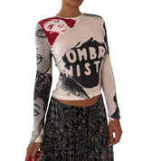 E-Play Italian Vintage White Black Red Pop Art Graphic Slinky Long Sleeve Top