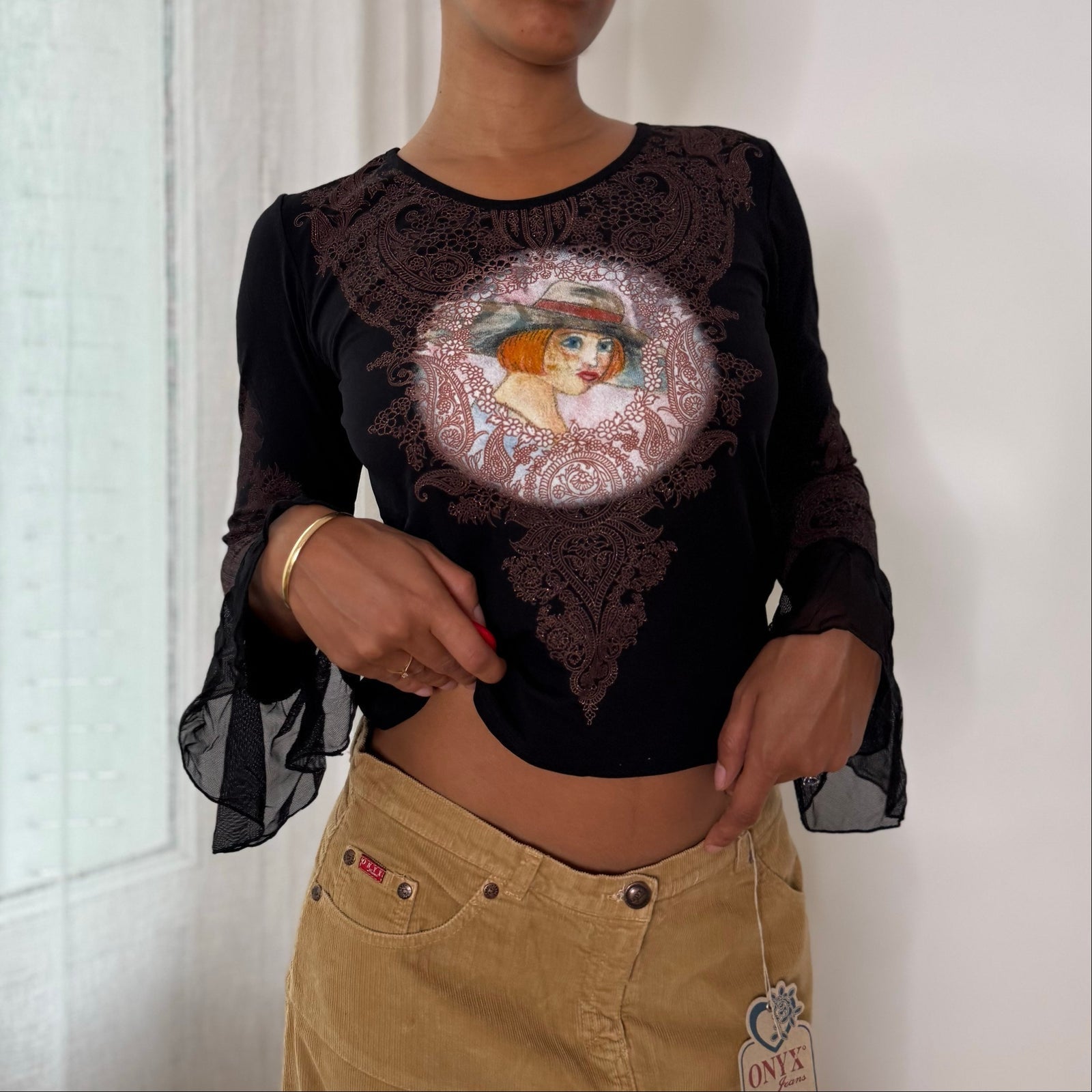 Misia Paris French vintage Y2K black illustrated portrait mesh top with brown lace print & sheer bell sleeves