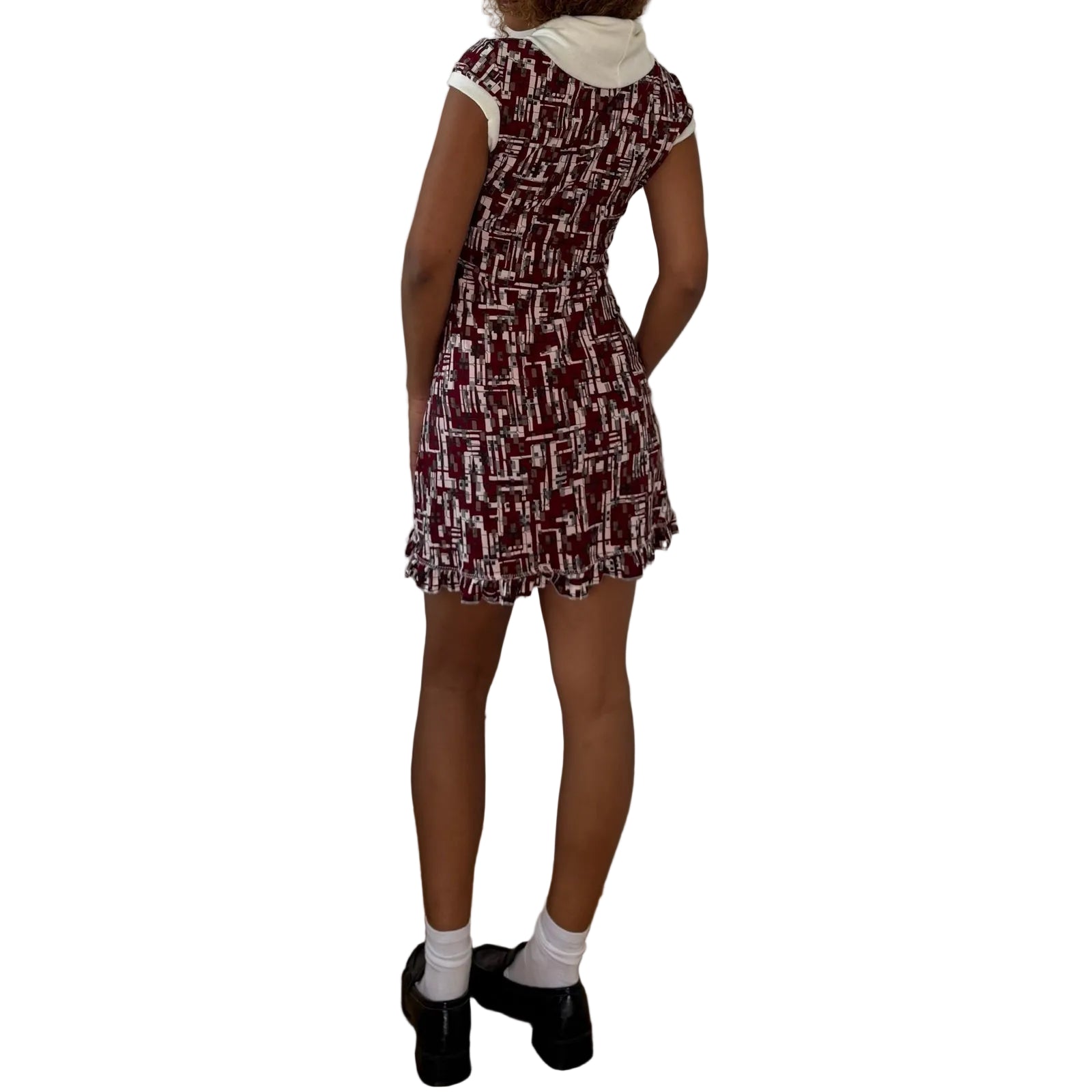 Italian vintage 2000s burgundy cream & black geometric print slinky mini dress with knit turtleneck