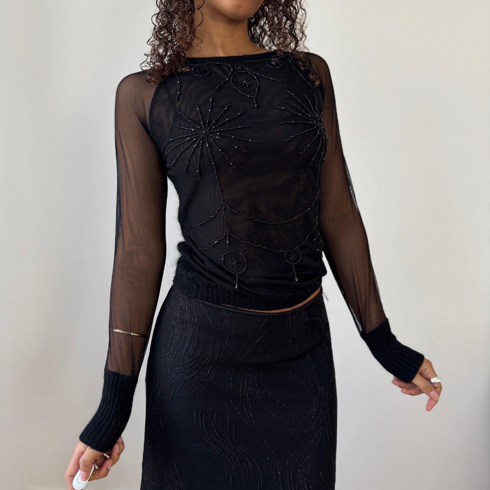 Vintage Black Sheer Mesh Beaded Mohair Top (S)