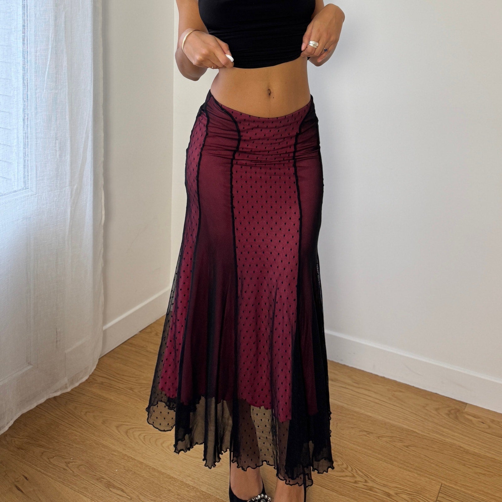 Sonia Fortuna Red Slinky Skirt layered with Black Mesh (XS/S)