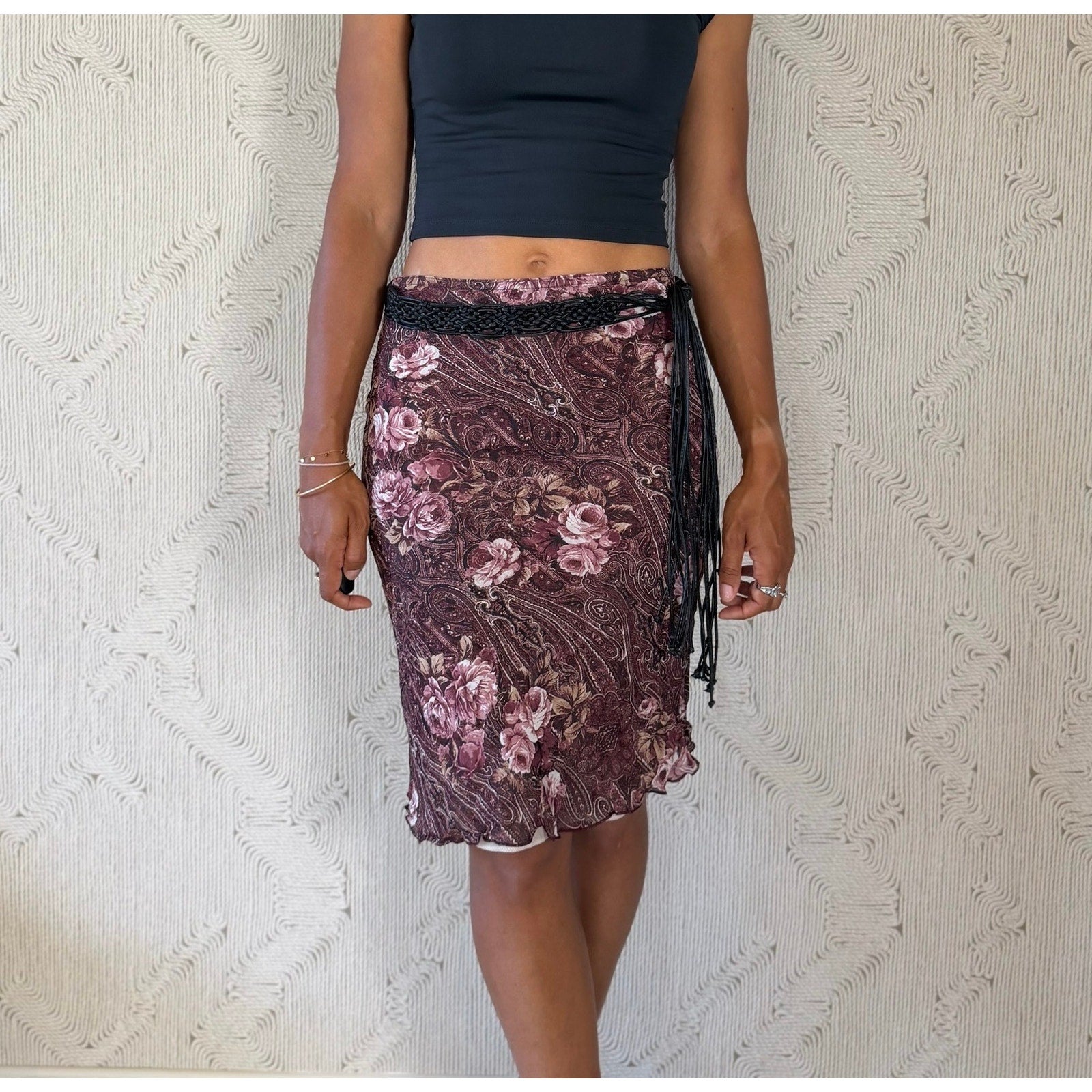French vintage Y2K burgundy pink floral paisley mesh pencil skirt with braided fringe belt
