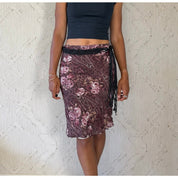 French vintage Y2K burgundy pink floral paisley mesh pencil skirt with braided fringe belt