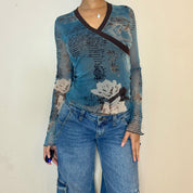 Vintage Graphic Mesh Flared Sleeves Top (S)