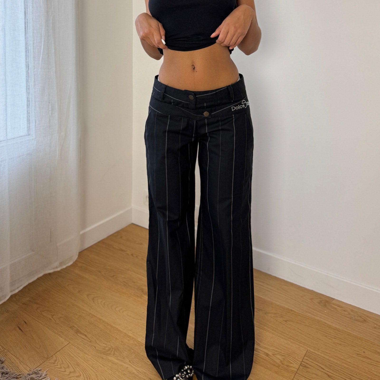 Vintage Italian Black Pinstripe Flare Trousers (S)