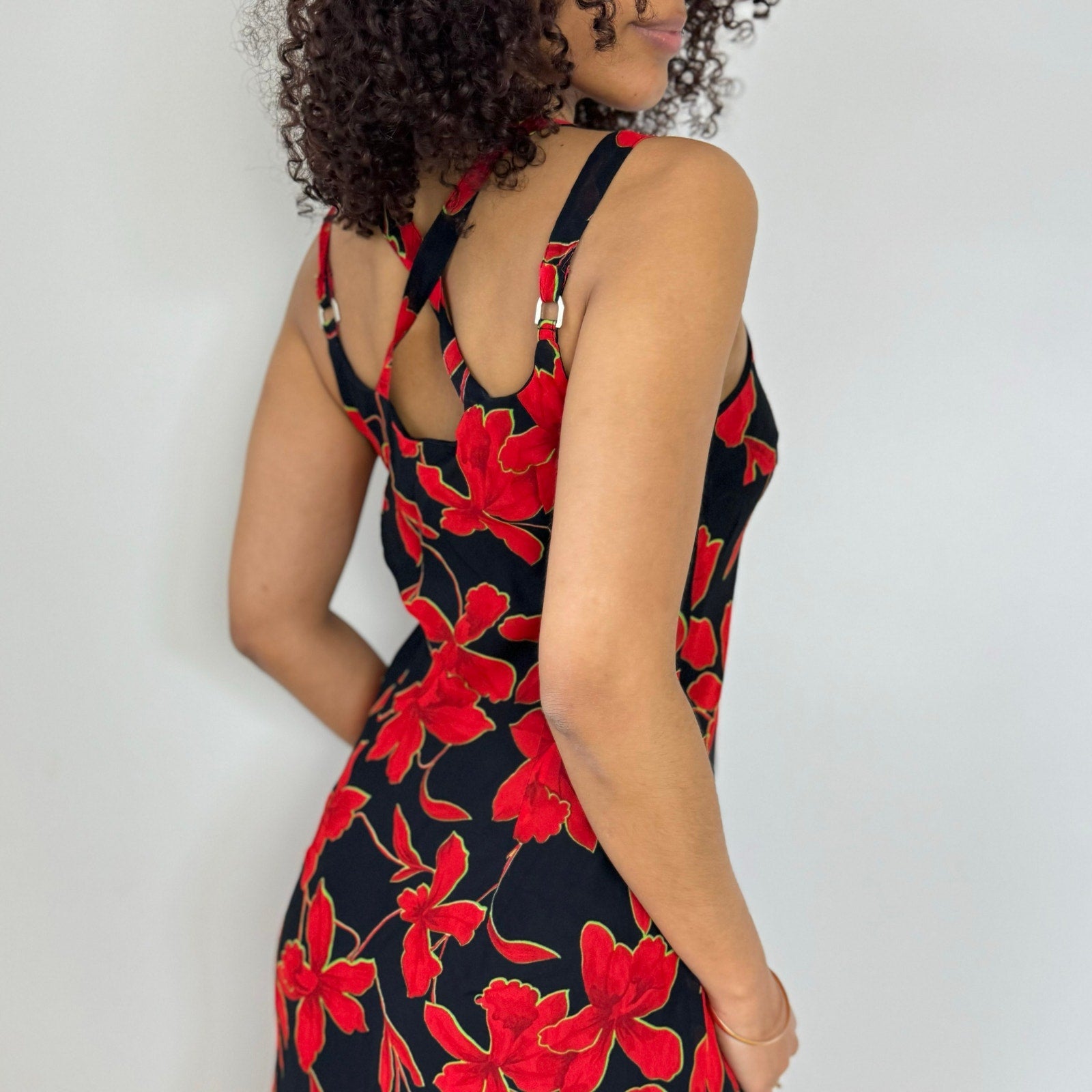 Vintage Red Floral Mesh Midi Dress (M)