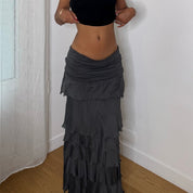 Italian vintage charcoal grey tiered maxi skirt with silk mesh ruffles