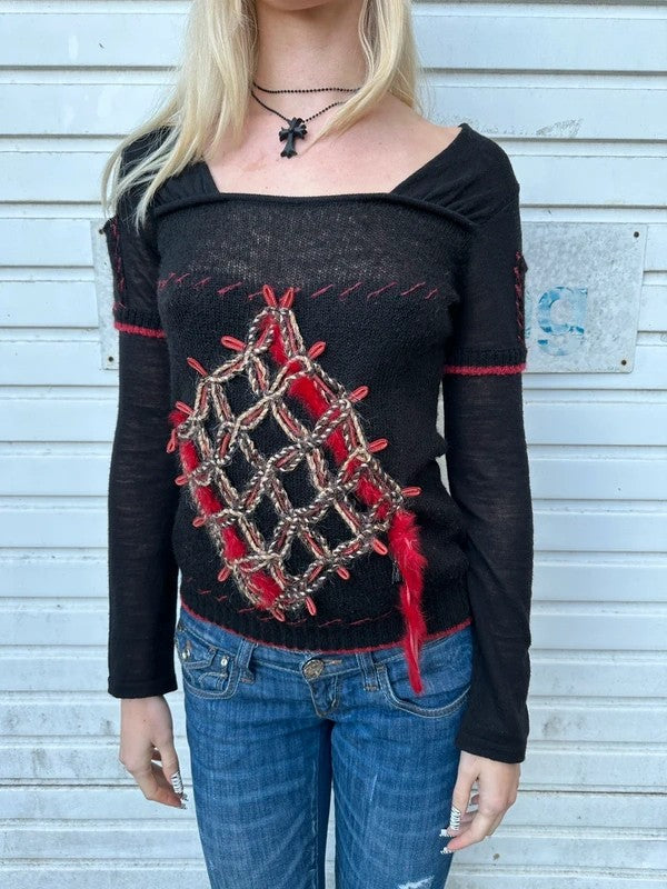 Vintage Save the Queen! Black Medieval Embroidered Knit Longsleeve (S)