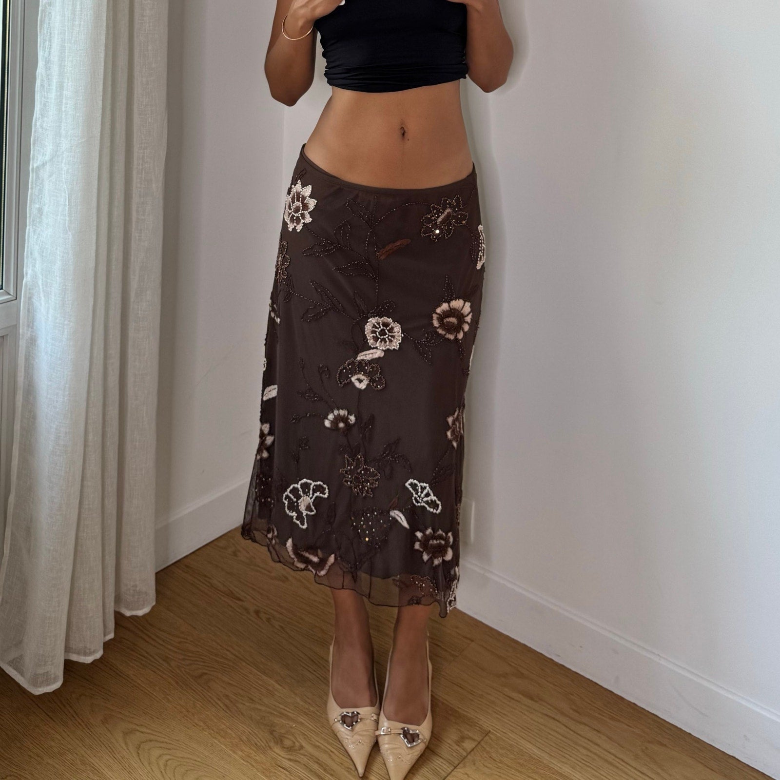 Vintage Ibiza Brown Beaded Floral Mesh Midi Skirt (S/M)