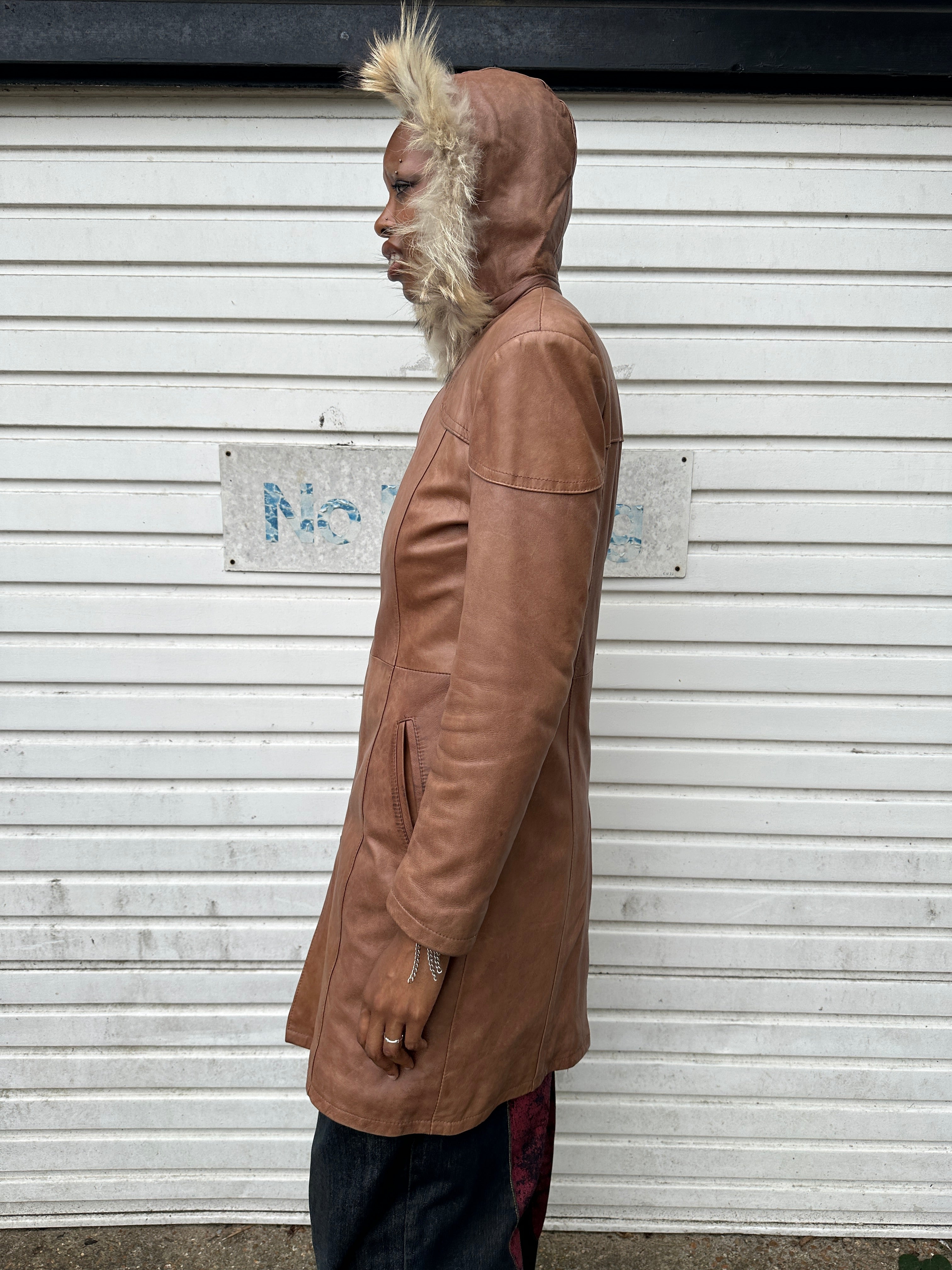 Vintage Italian Fur Hood Leather Trench Coat Jacket (S/M)