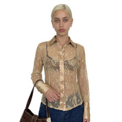 Vintage Beige Floral Lace Mesh Blouse (S)