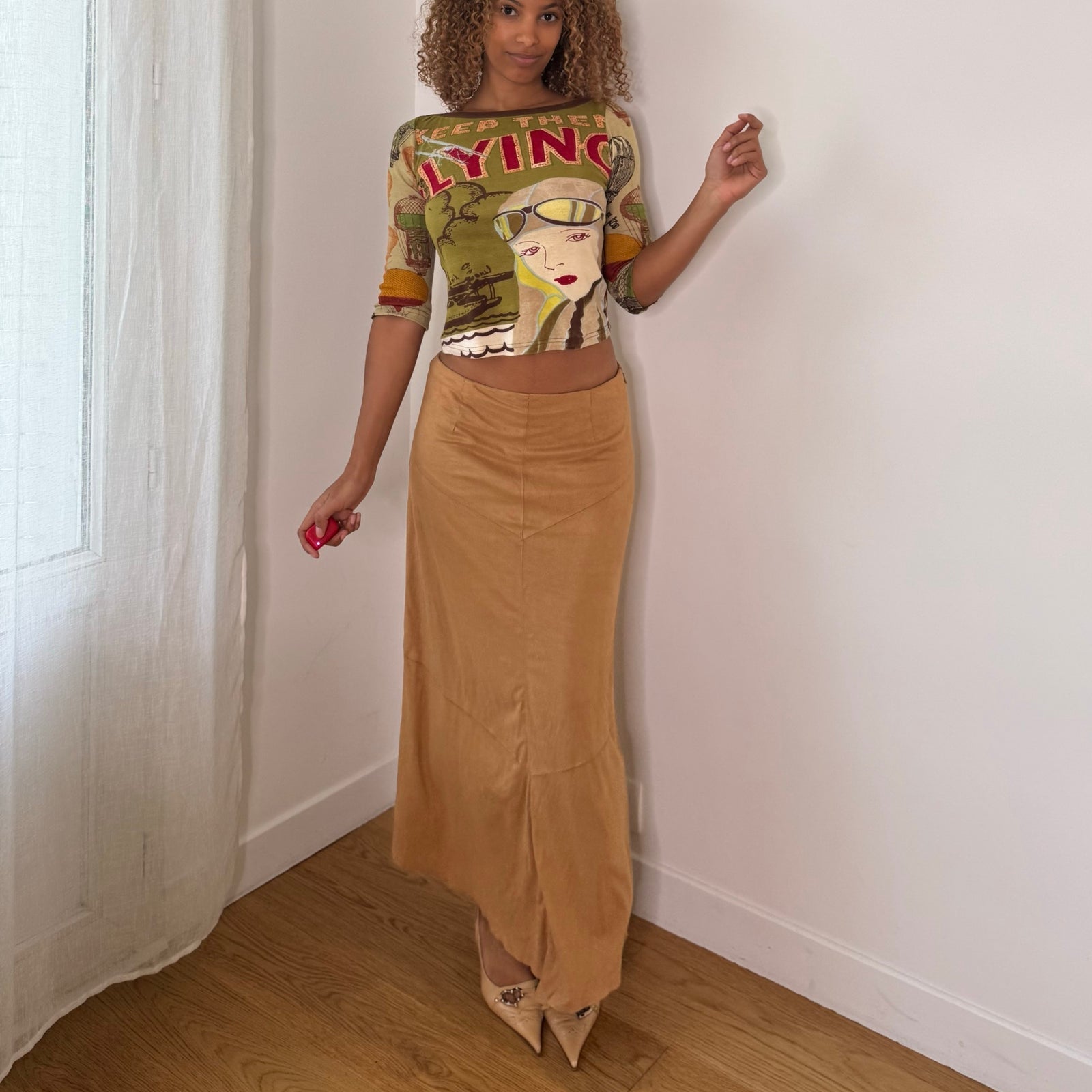 Italian vintage camel brown low-rise maxi skirt with asymmetric hem