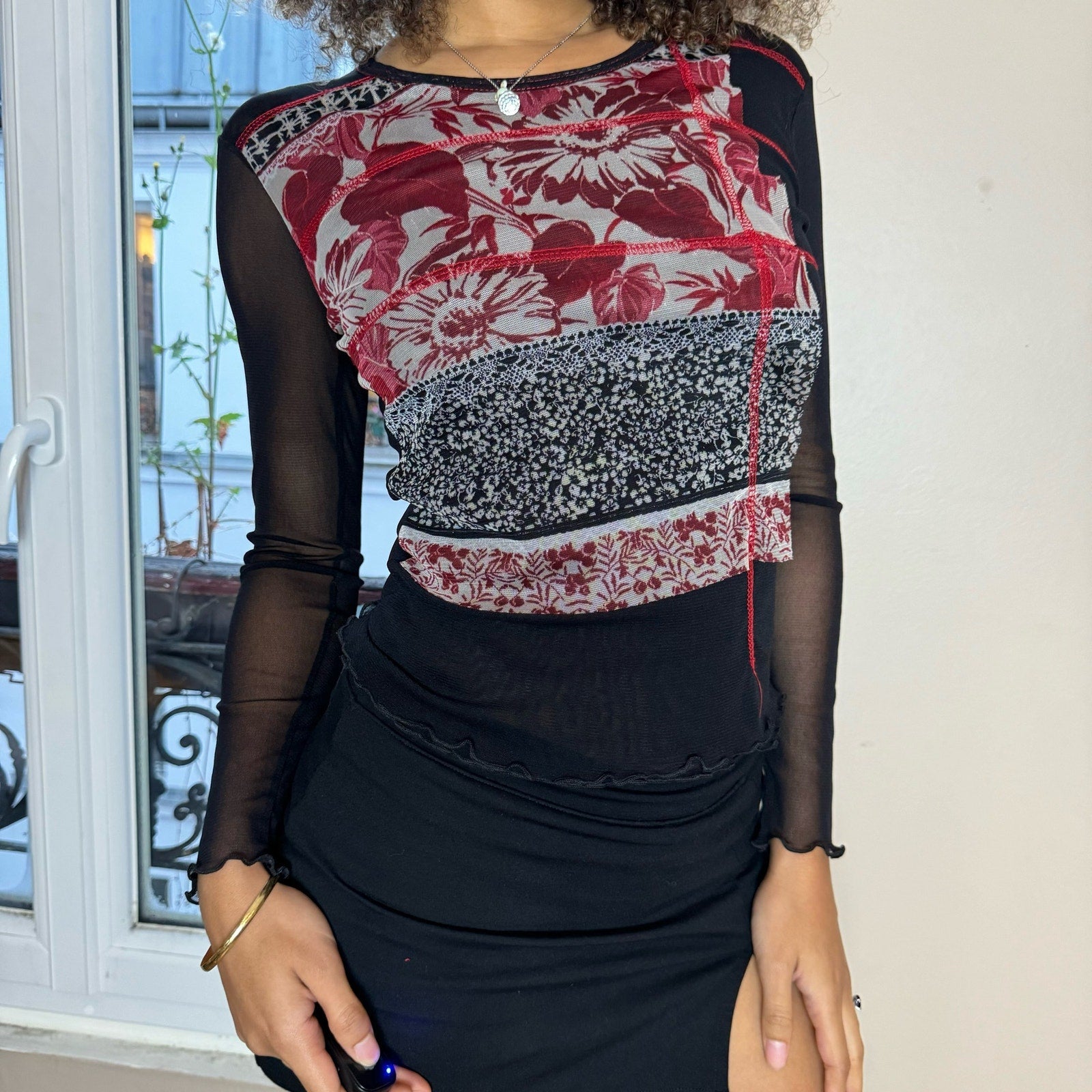 Vintage 00s Euro Detailed Mesh Long Sleeve Top (S)