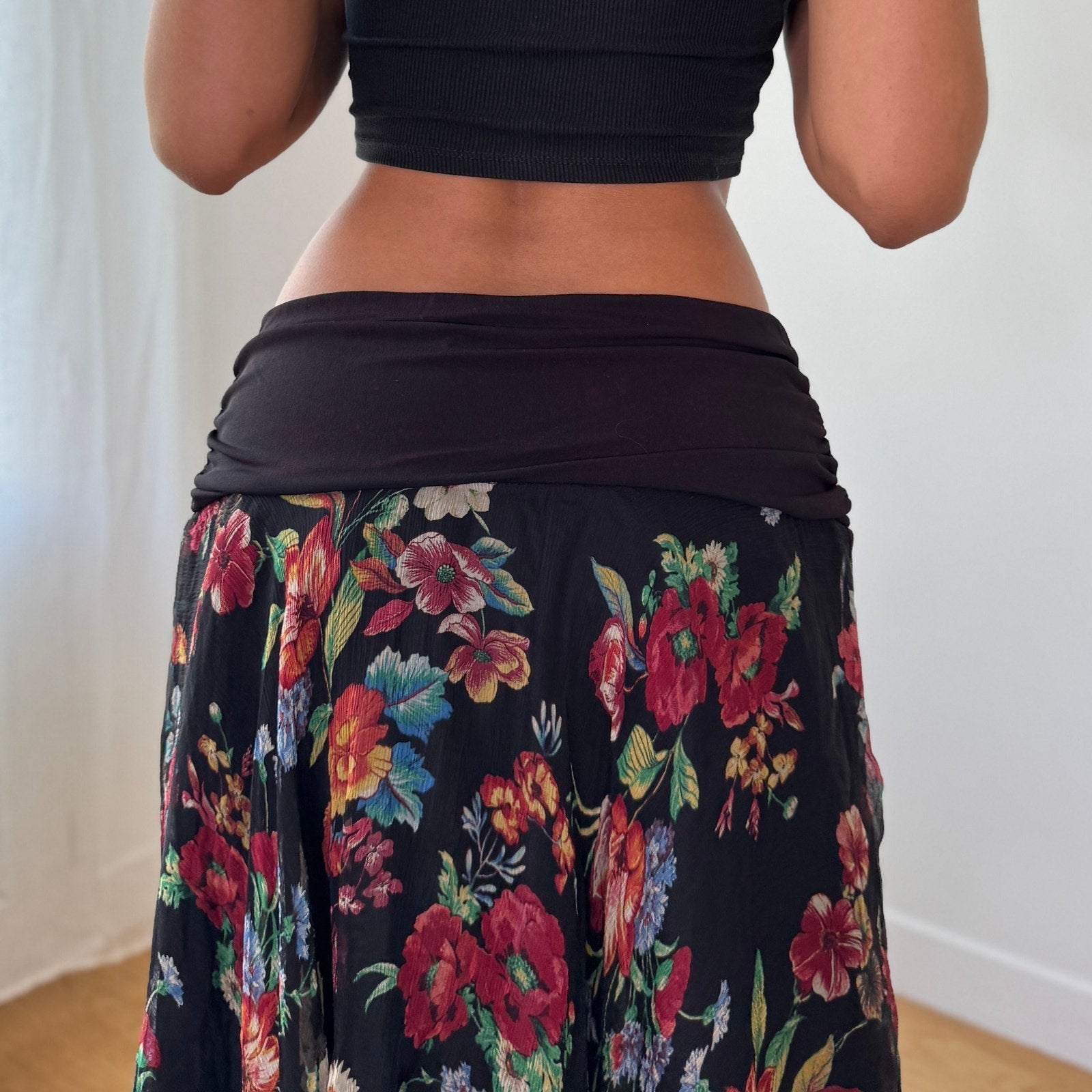 Vintage Italian Black Silk Mesh Midi Skirt (S)